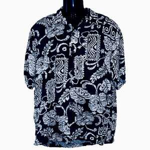 Vtg Aloha Hut Hawaii Hawaiian Shirt Sz M Black and White Tropical Geometric GUC
